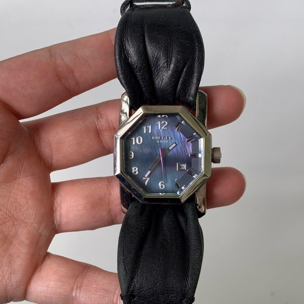 Diesel Octagonal Face Watch With Black Leather Band